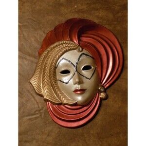 Fancy Red/White/Gold Art Painted Ceramic Wall Mask Decor